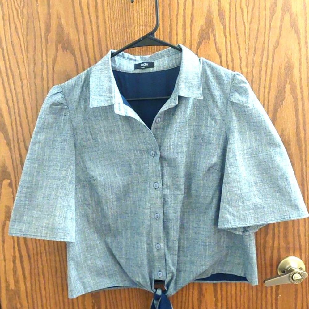 Lucca Gray Tie Front Button Up Blouse Women's M Puff Sleeve Cropped Lined Top